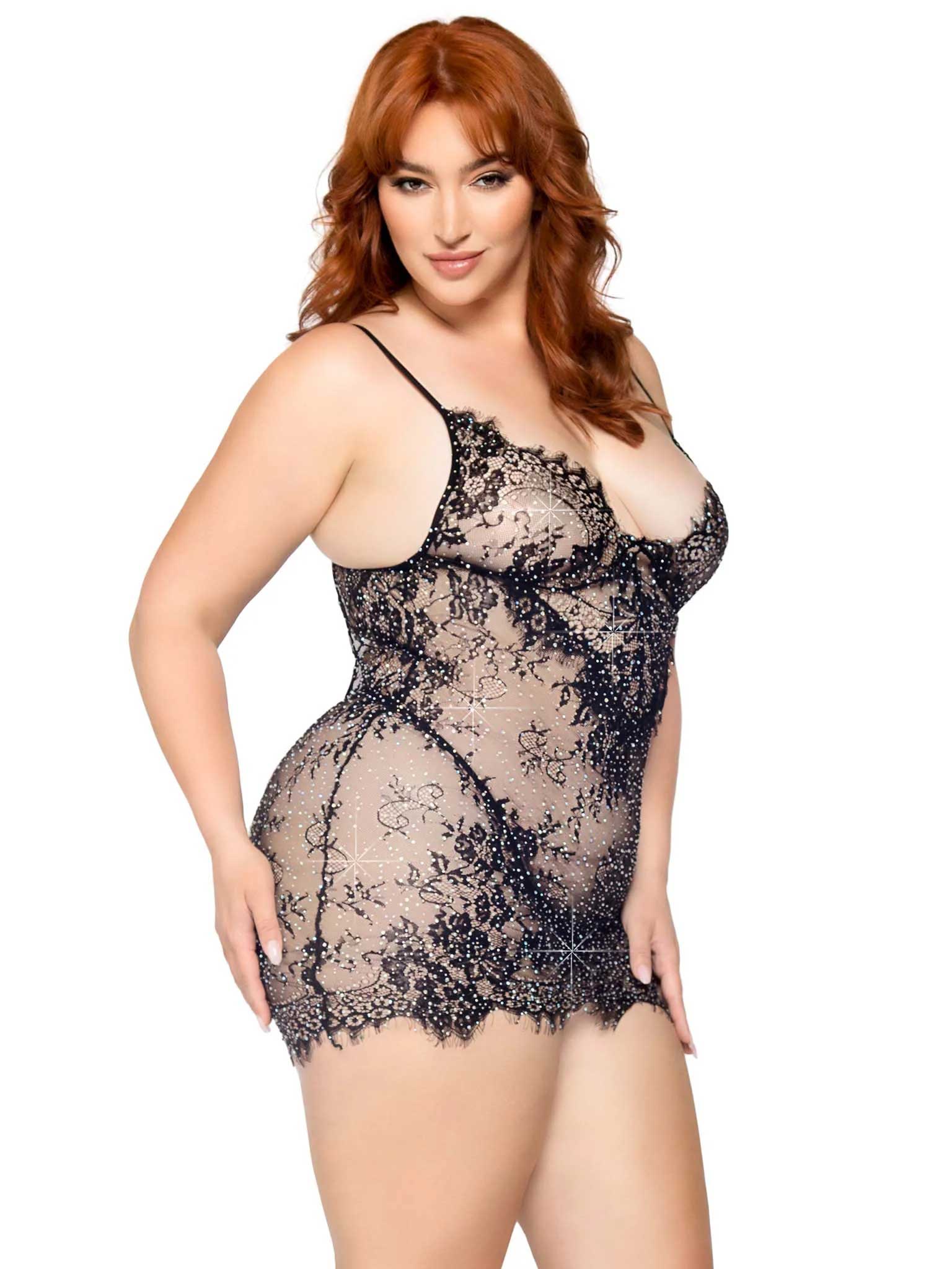4j537YxgBkUKPCOuzVwwZGAvRFajnITC 2 Pc Rhinestone Lace Dress and G-String - 1x/2x - Black - Image 1