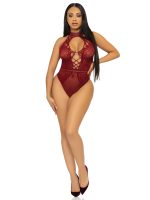 Net and Lace Keyhole Halter Bodysuit - One Size - Burgundy - Image 3