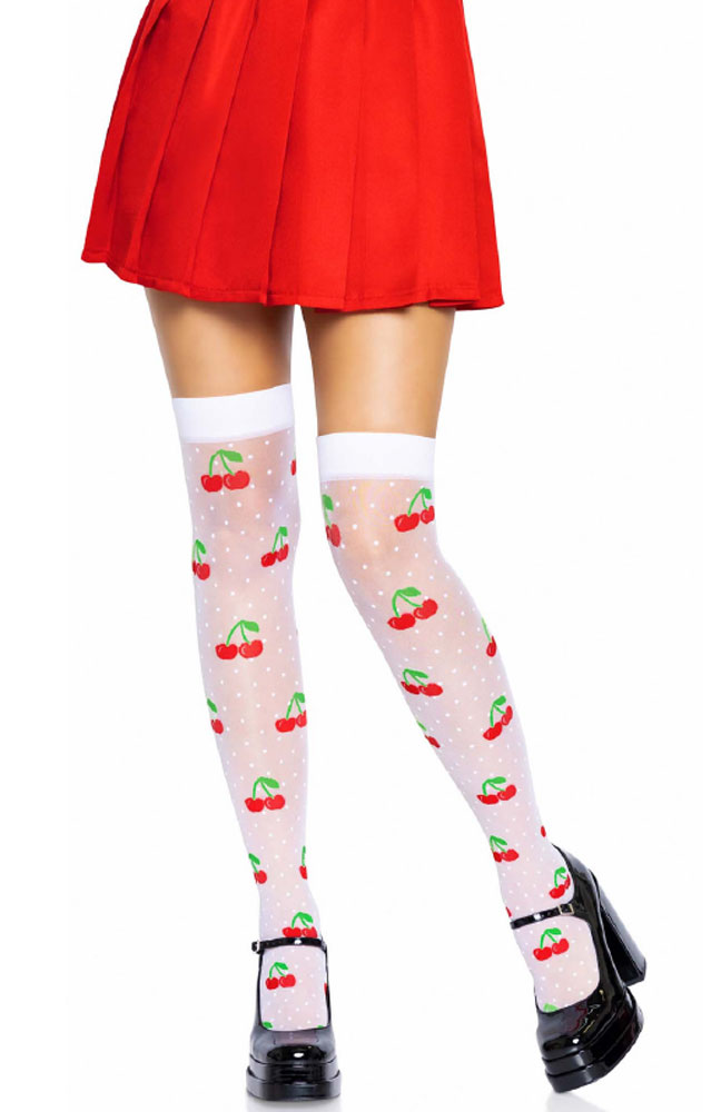 5jRoDl7kNVPwLO12cEZ9FX2fxj4wP8eF Sheer Polka Dot Cherry Thigh Highs - One Size - White/red - Image 1