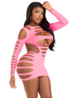 Opaque Shredded Cut Out Mini Dress - One Size - Neon Pink - Image 4