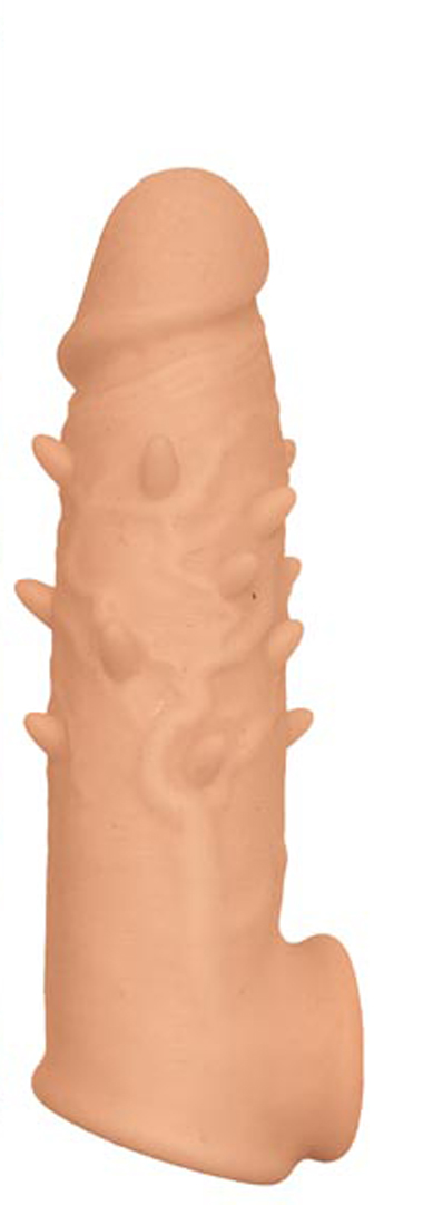DkqeUfbfDLLmqdjRcQfBOFhdiIl2Akh5 Natural Realskin Spiked Vibrating Penis Xtender - White - Image 1