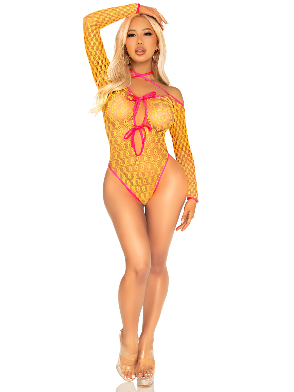 EsTCl7nF Eyelet Net Teddy With Tie-Front Keyhole Detail O/s - Neon Orange - Image 1