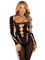 Opaque Cut Out Footless Bodystocking - One Size - Black - Image 4