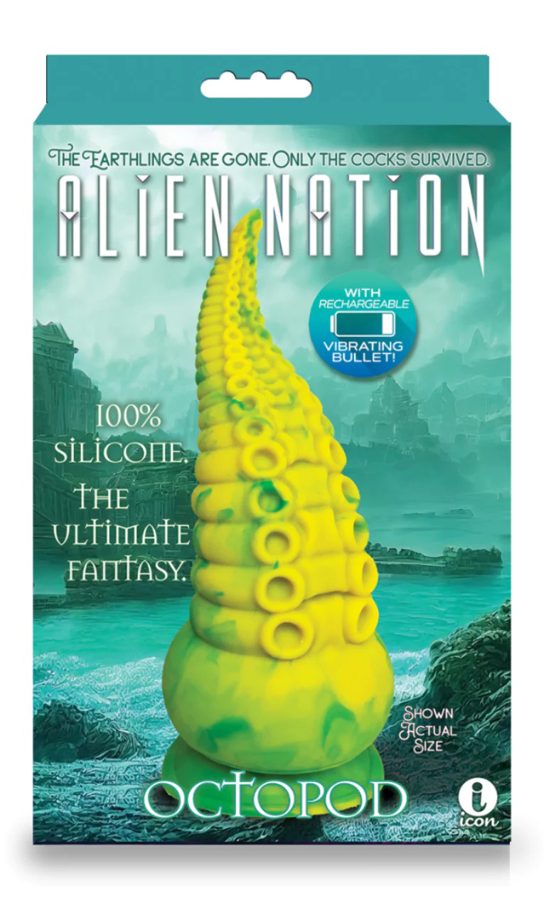 FUtgRiAh0ubDfNc24KrYtsHZ7bgiObyd Alien Nation Octopod Silicone Rechargeable Vibrating Creature Dildo - Yellow and Green - Image 1