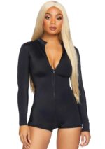 Zipper Front Long Sleeved Matte Romper - Large - Black - Image 2