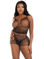 2 Pc Net Tank Top With Boy Shorts - One Size - Black - Image 3