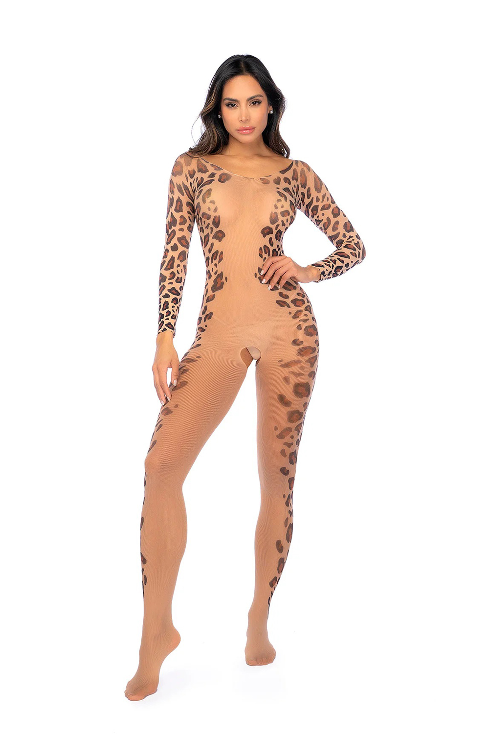 HGQEeKeY Long Print Sleeve Leopard Mesh Bodystocking - Os - Leopard Print - Image 1