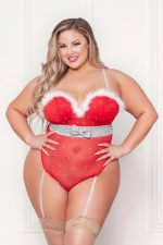 Rhinestone Studded Mesh Teddy With Marabou Trim - 1x/2x - Red