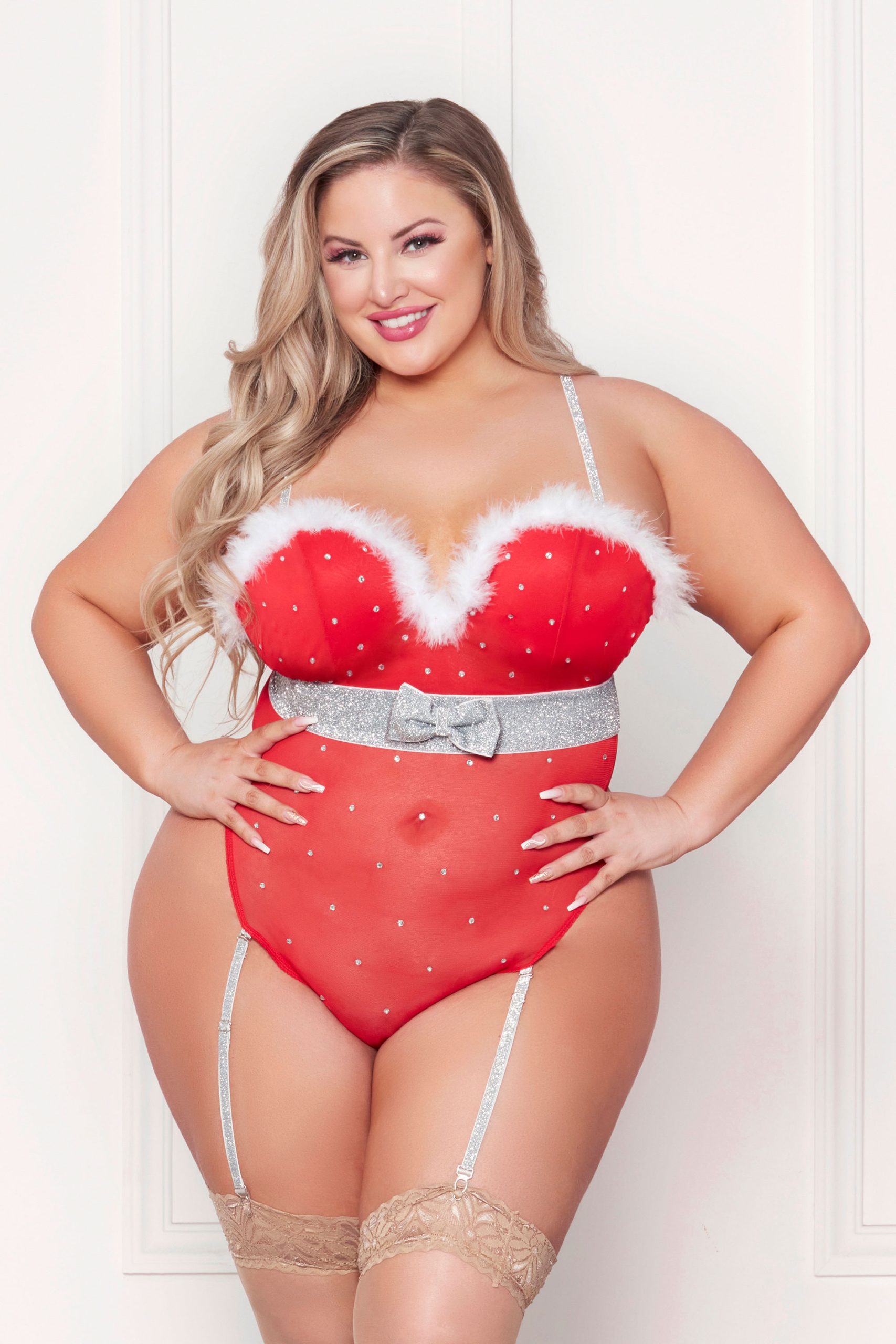 HqzzKylKz2H5MZUdgISK9pinWisOuI1I Rhinestone Studded Mesh Teddy With Marabou Trim - 1x/2x - Red - Image 1