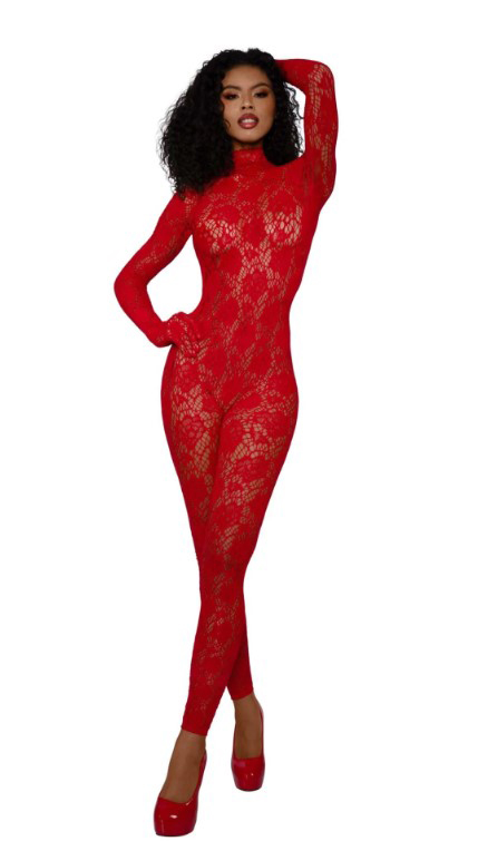 LvdfJJgl Gloved Bodystocking Dmnd - Os - Red - Image 1