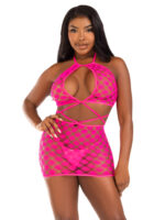 Keyhole Halter Hardcore Net Mini Dress - One Size - Neon Pink - Image 4