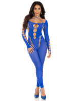 Opaque Cut Out Footless Bodystocking - One Size - Royal Blue - Image 3