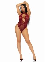 Net and Lace Keyhole Halter Bodysuit - One Size - Burgundy - Image 5