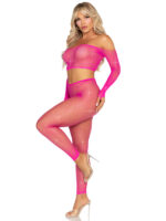 Rhinestone Fishnet Crop Top and Footless Tights O/s - Neon Pink - Image 2