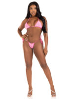 2 Pc Rhinestone Bikini Top and Side Tie Thong Panty - One Size - Neon Pink - Image 2
