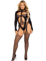 2 Pc Fishnet Suspender Lingerie Jumpsuit and Layered Opaque Teddy O/s - Black - Image 7