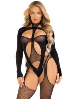 2 Pc Fishnet Suspender Lingerie Jumpsuit and Layered Opaque Teddy O/s - Black - Image 6
