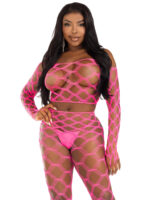 2 Pc Net Crop Top and Footless Tights - One Size - Neon Pink - Image 4