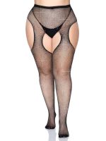 Casey Rhinestone Fishnet Suspender Pantyhose - Queen - Black - Image 4