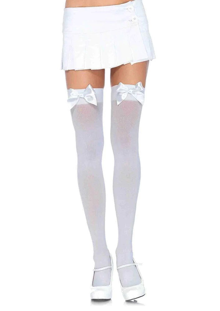 qwkP2xHM9D0uQTfDAEQ0zmkx8U2g7RbJ Opaque Thigh Highs With Satin Bow Accent - One Size - White - Image 1