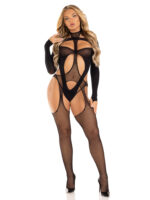 2 Pc Fishnet Suspender Lingerie Jumpsuit and Layered Opaque Teddy O/s - Black - Image 3