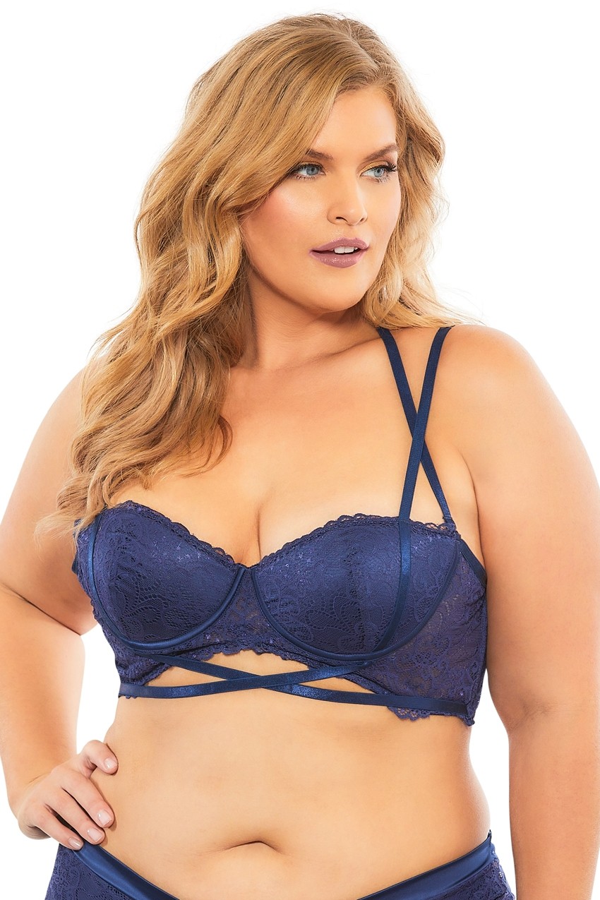 0Lb9hWf6b1dC6nigxolVsgzCOvZ59pwF Lace Push Up Balconette Bra With Crossing Halter Straps - Estate Blue - 4x - Image 1