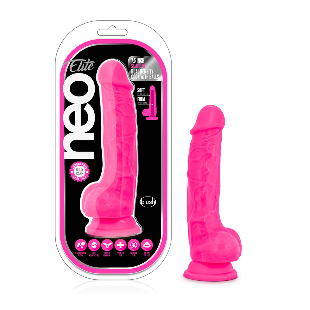 www.blushnovelties.com Neo Elite - 7.5 Inch Silicone Dual Density Cock With Balls - Neon Pink - Image 1