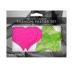 Fashion Pasties Set - Neon Pink Satin Heart and Neon Green Lace Star