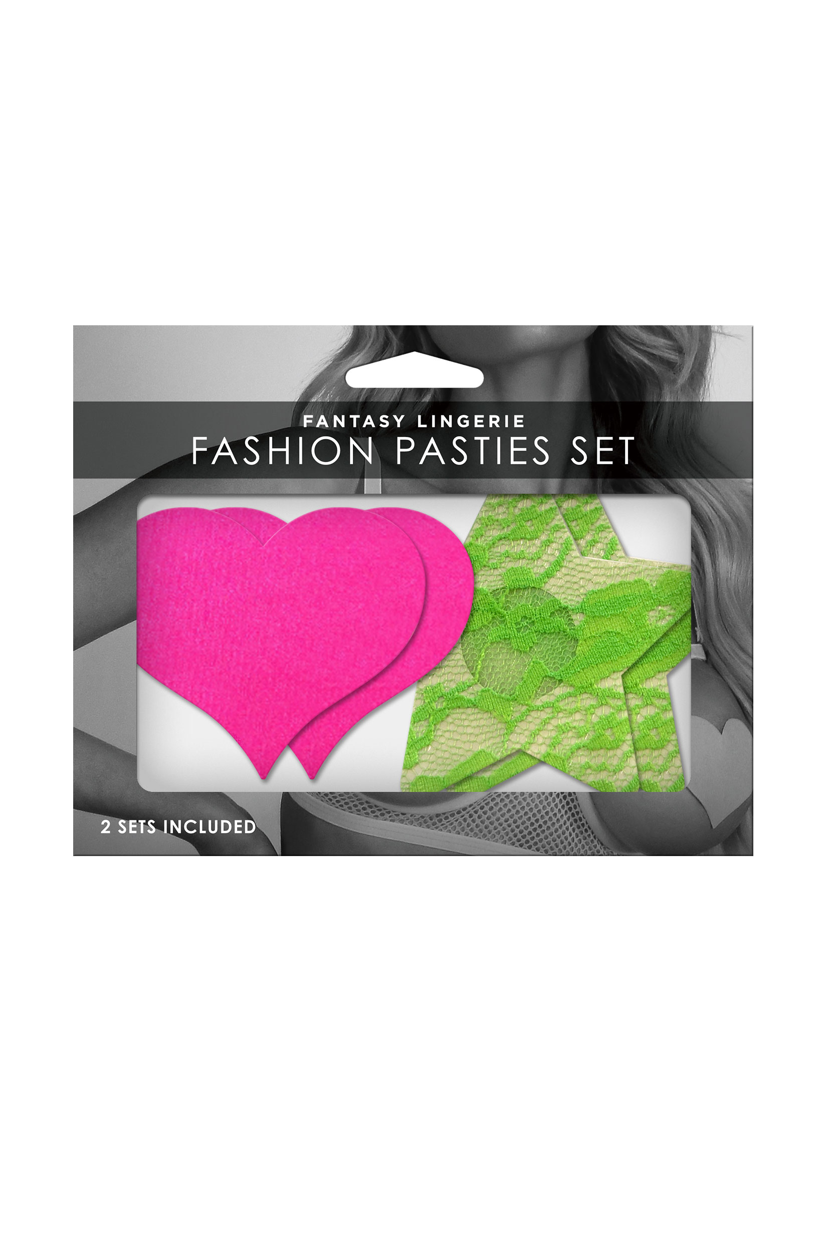 1YYlV2dUIOB32KEfJCSWee2HuLQwtihn Fashion Pasties Set - Neon Pink Satin Heart and Neon Green Lace Star - Image 1