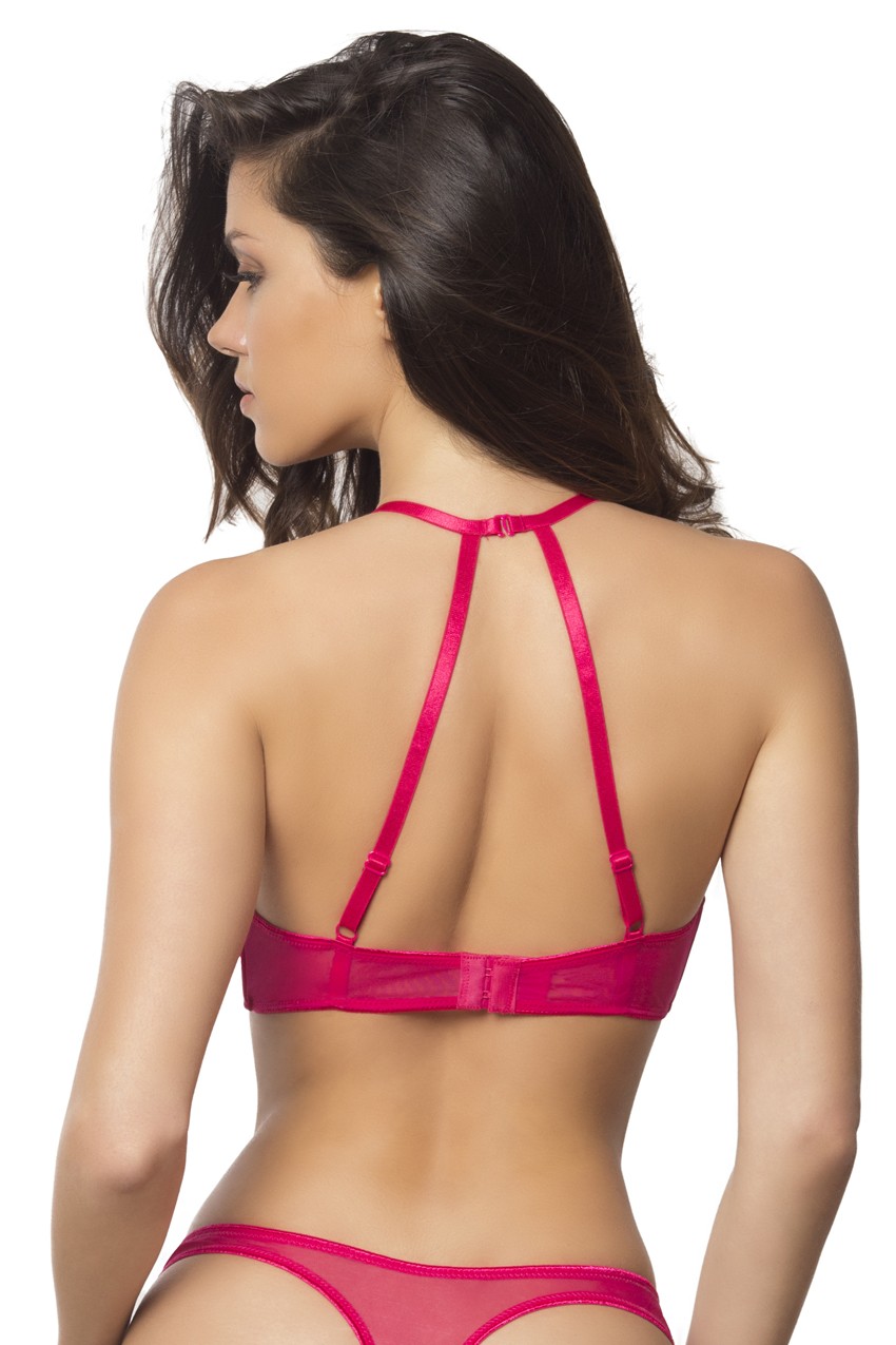 3Dq9CwsbETU7hd0pn1HkPHgClSZyqYDT High Neck Bra With Diagonal Eyelash Lace Panels - Small - Bright Rose - Image 1