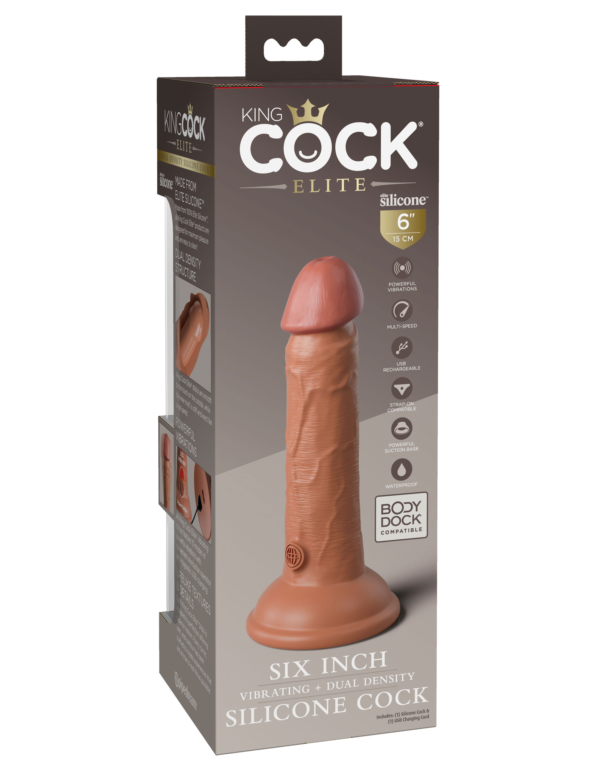 3NepndIzERqA9BA7BQ4H74stzeqlj7Ga King Cock Elite 6 Inch Vibrating Silicone Dual Silicone Dual Density Cock - Tan - Image 1