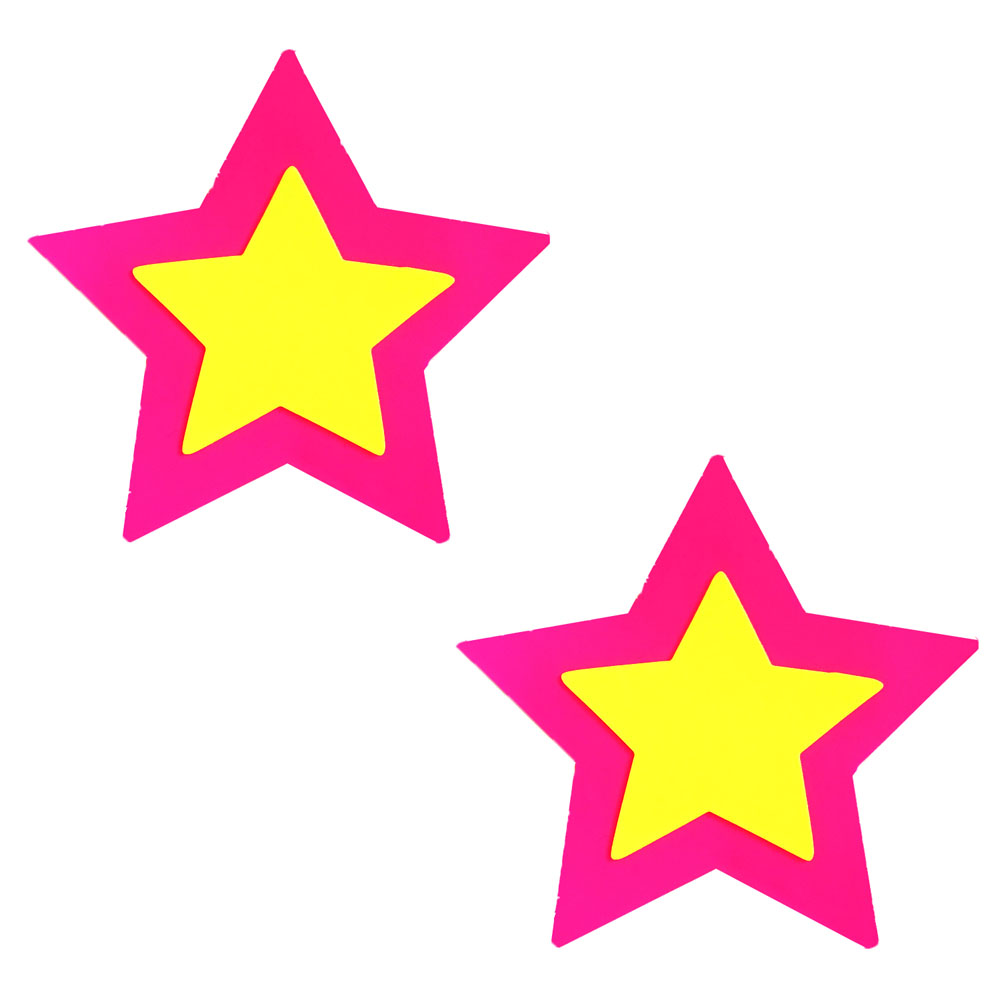 4JAaR00lwZaCWwaULSt13b0YkdaBDEQ7 Pink Double Star Burst Neon Blacklight Starry Nights Nipztix Pasties - Image 1