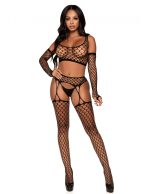 3 Pc Net Crop Top, Garter Stockings, and Matching Gloves - One Size - Black - Image 3