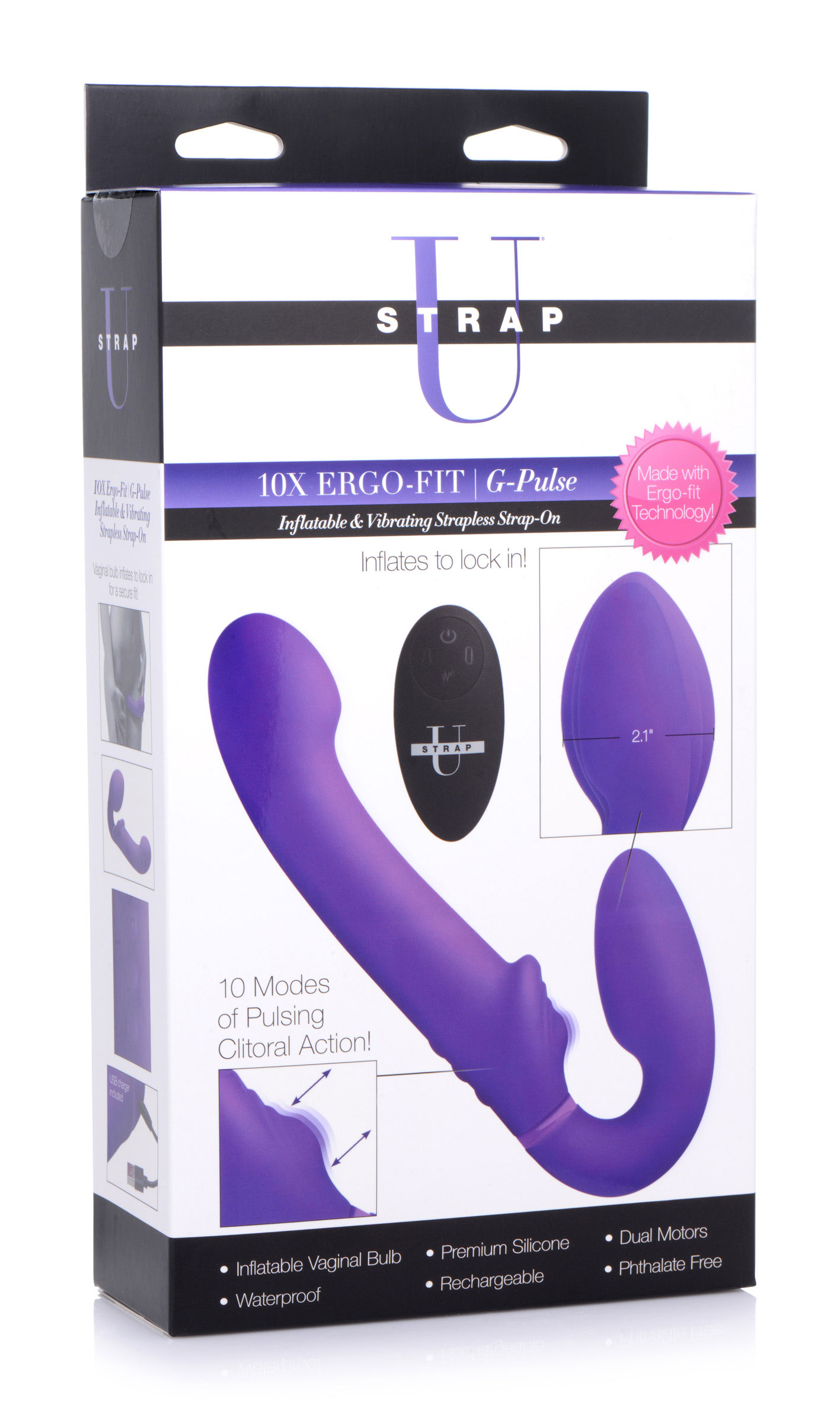 540Jyzv0QdHL1rJd75w2GB3Z1GRRBa8a 10x Ergo- Fit G-Pulse Inflatable and Vibrating Strapless Strap- on - Purple - Image 1