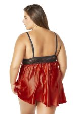 Lace Cup Satin Empire Body Babydoll With Contrast Color Piping + G-String - Black/red - 3x4x - Image 2