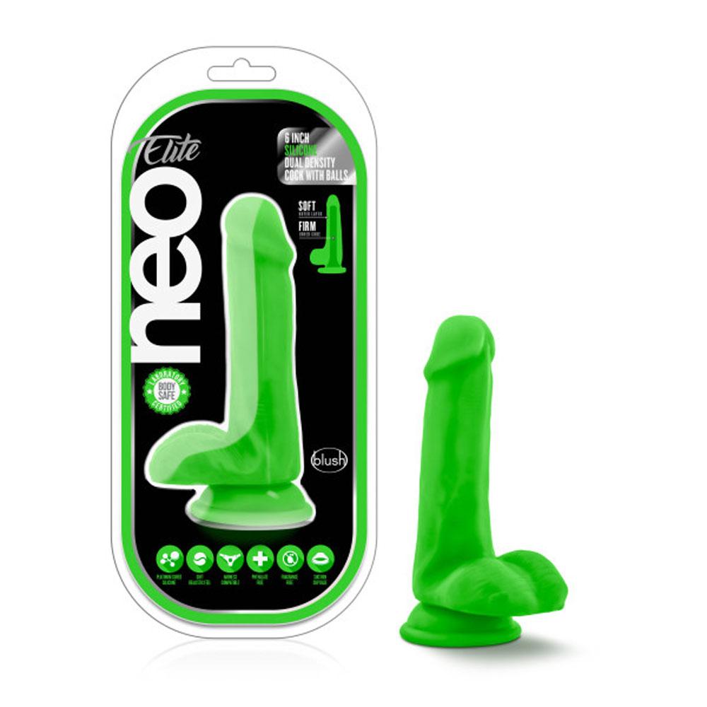 68jO2soMvDIB1YKcpEgEpZxUEbzKFPCG Neo Elite - 6 Inch Silicone Dual Density Cock With Balls - Neon Green - Image 1