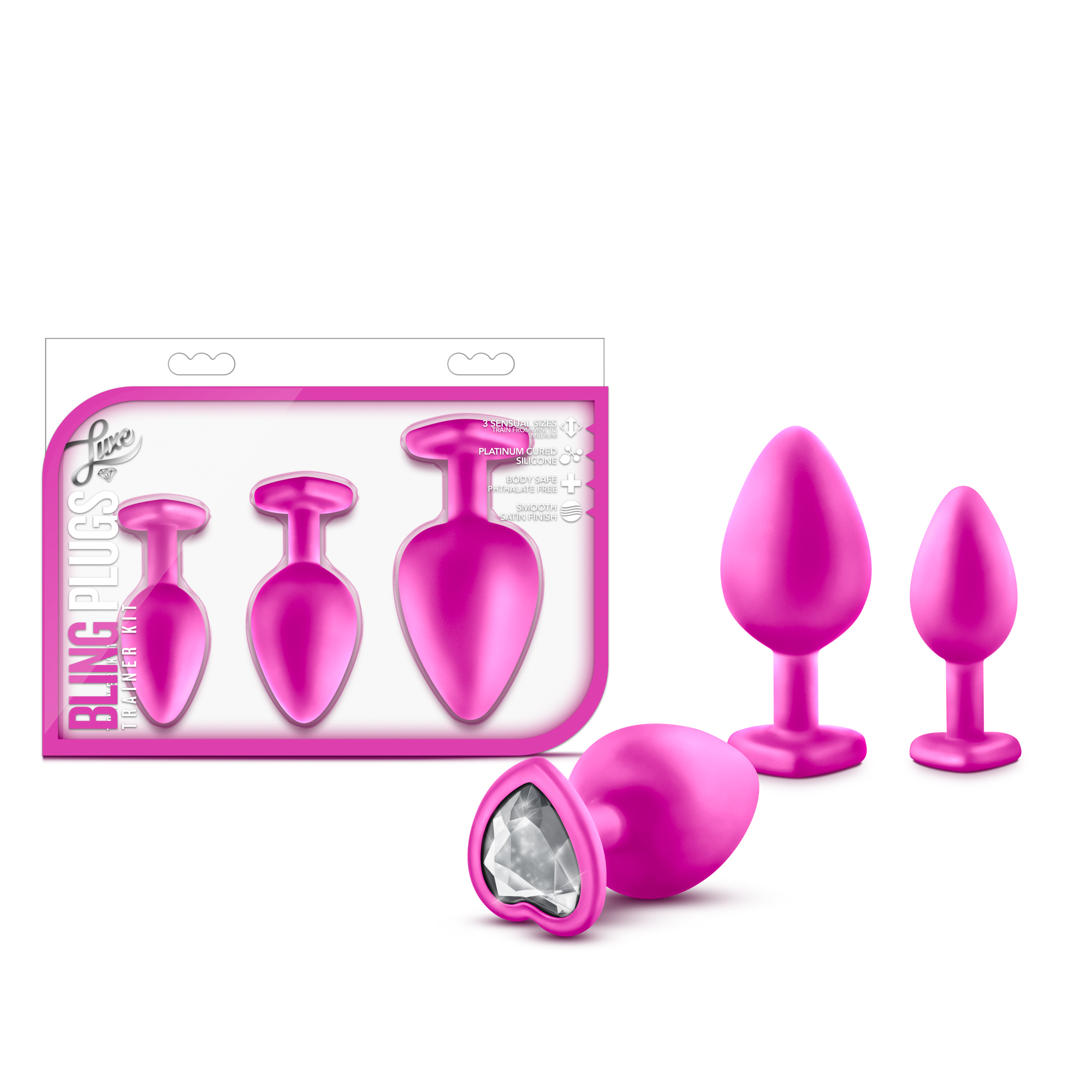 www.blushnovelties.com Luxe - Bling Plugs Training Kit - Pink with White Gems - Image 1