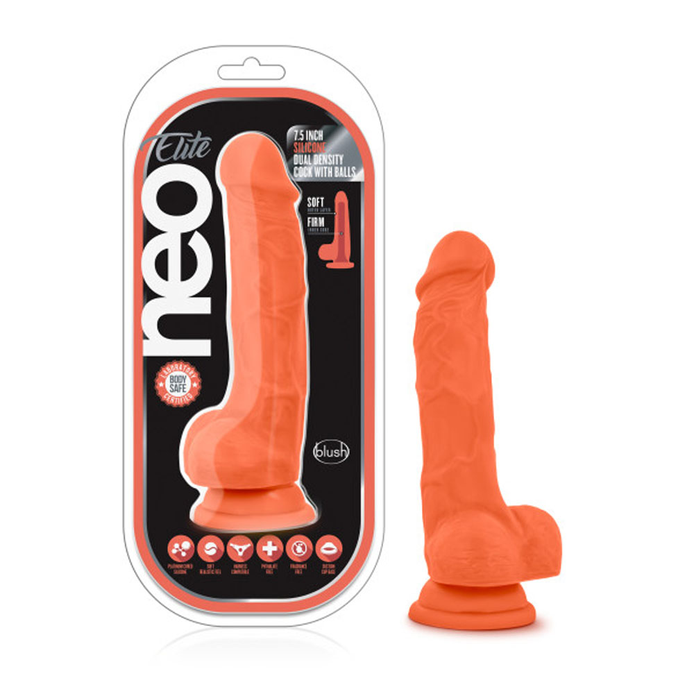 6dZFleC8Af0VAansBMZVjLc3v020Xcn7 Neo Elite - 7.5 Inch Silicone Dual Density Cock With Balls - Neon Orange - Image 1