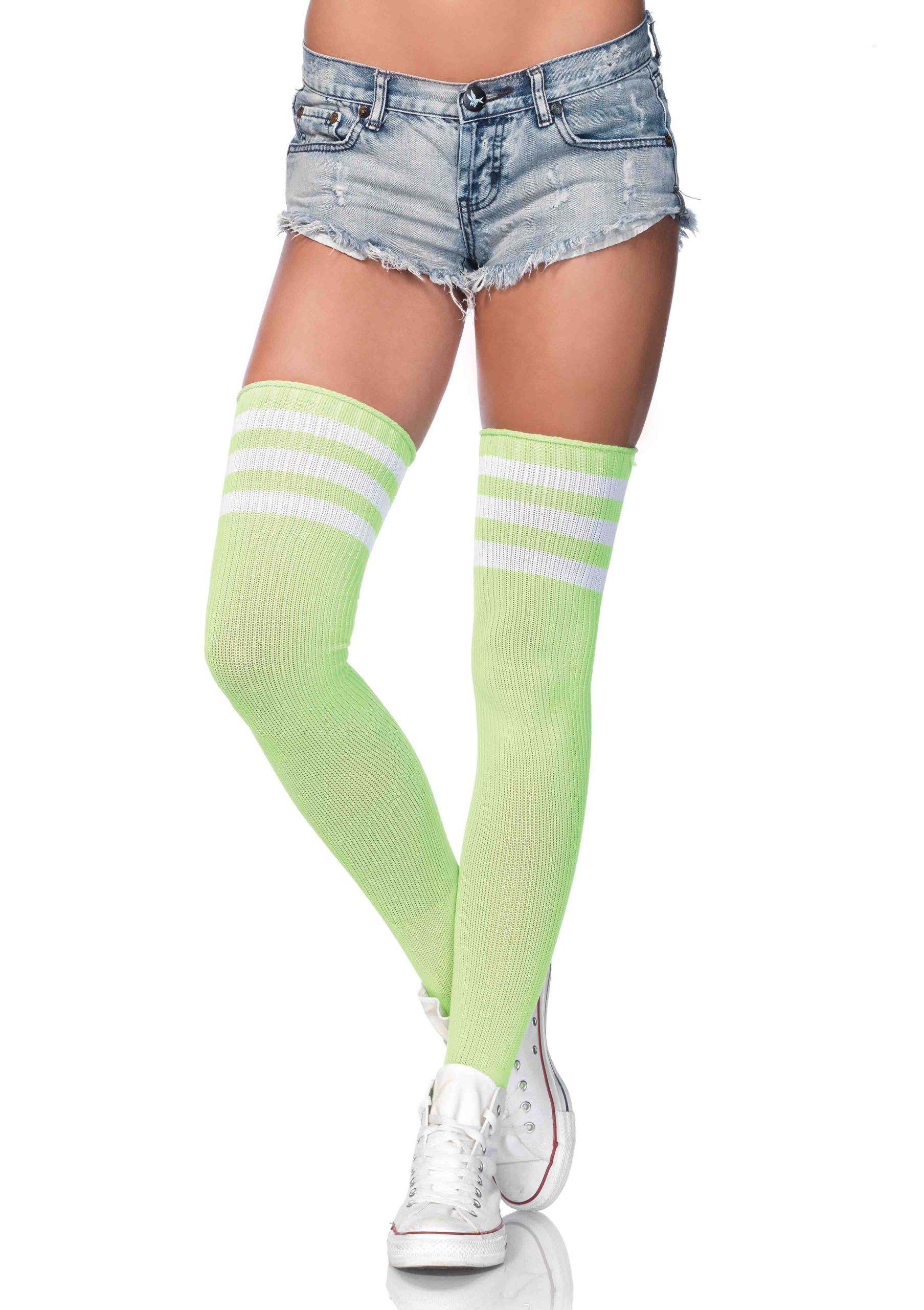 7H3eWp2oDhAyUrlsKv6WJaqSgvtDU4Bt 3 Stripes Athletic Ribbed Thigh Highs - One Size - Neon Green - Image 1