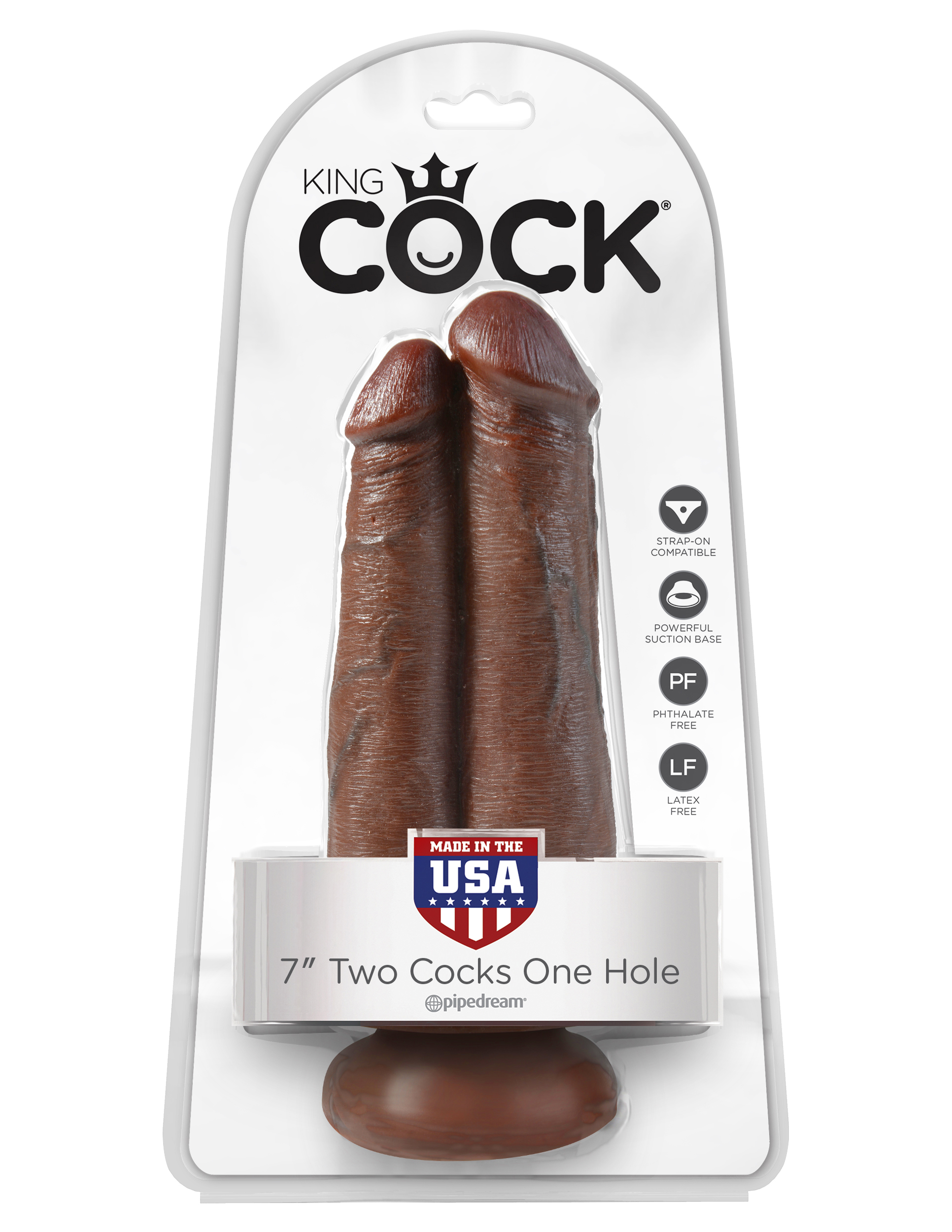 90aYnAIpEFJe30dx4psinbXRl6G14REn King Cock 7" Two Cocks One Hole - Brown - Image 1