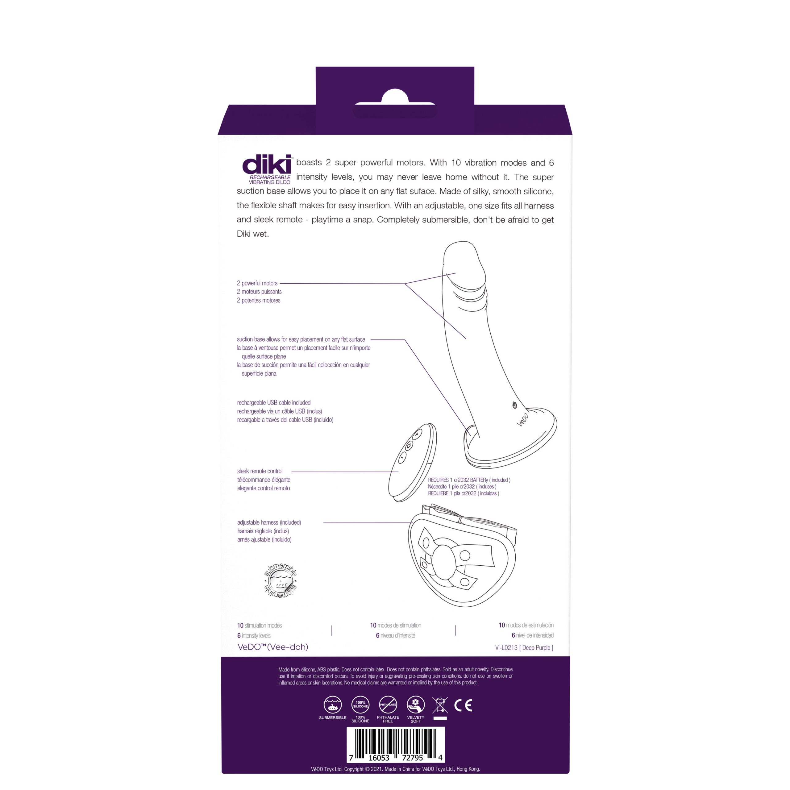 9BNUwfMiWQsKzY9UdfEAmhnskeBTQcDL Diki Rechargeable Vibrating Dildo With Harness - Deep Purple - Image 1