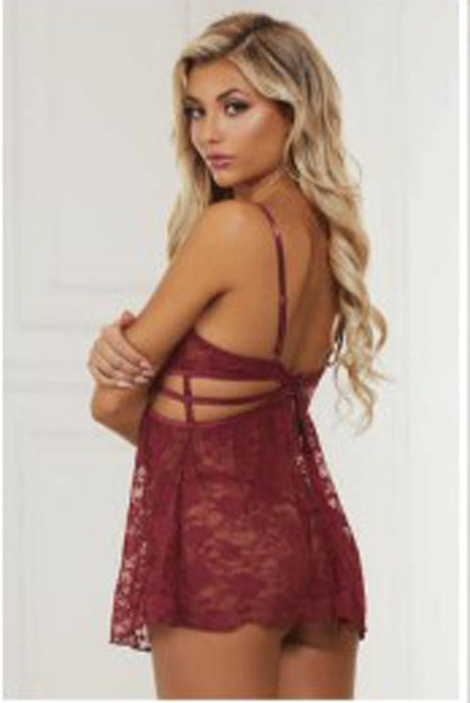 9W9WP8MaykdFD5B0YykO0Acydc8qHcAE 2 Pc Lace Babydoll and G-String Set - One Size - Wine - Image 1