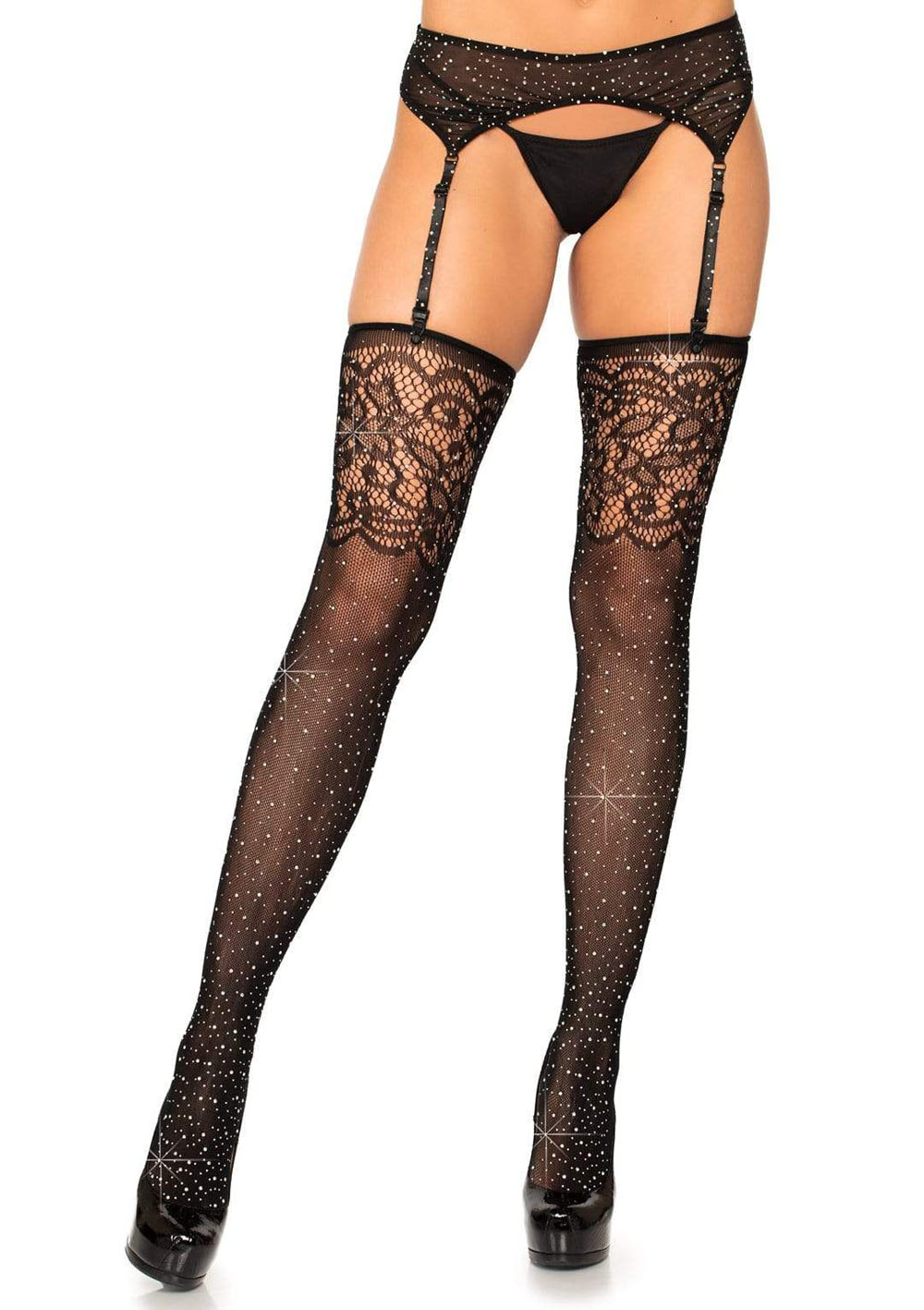 A4Yi4irDlWN3rPjzfV0VCZwcLUN0jmw1 Rhinestone Lace Top Fishnet Stockings - One Size - Black - Image 1