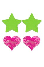 Fashion Pasties Set - Neon Green Solid Star and Neon Pink Lace Heart - Image 2