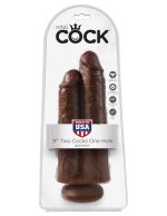King Cock 9 Inch Two Cocks One Hole - Brown