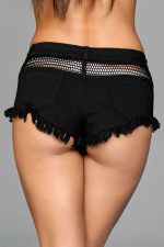 Denim Shorts With Fishnet Top Trimming and Fringe - Medium - Black - Image 2