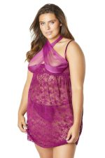 Lace Empire Babydoll With Functional Tie Shelf Cups G-String - Amaranth - 3x4x - Image 3