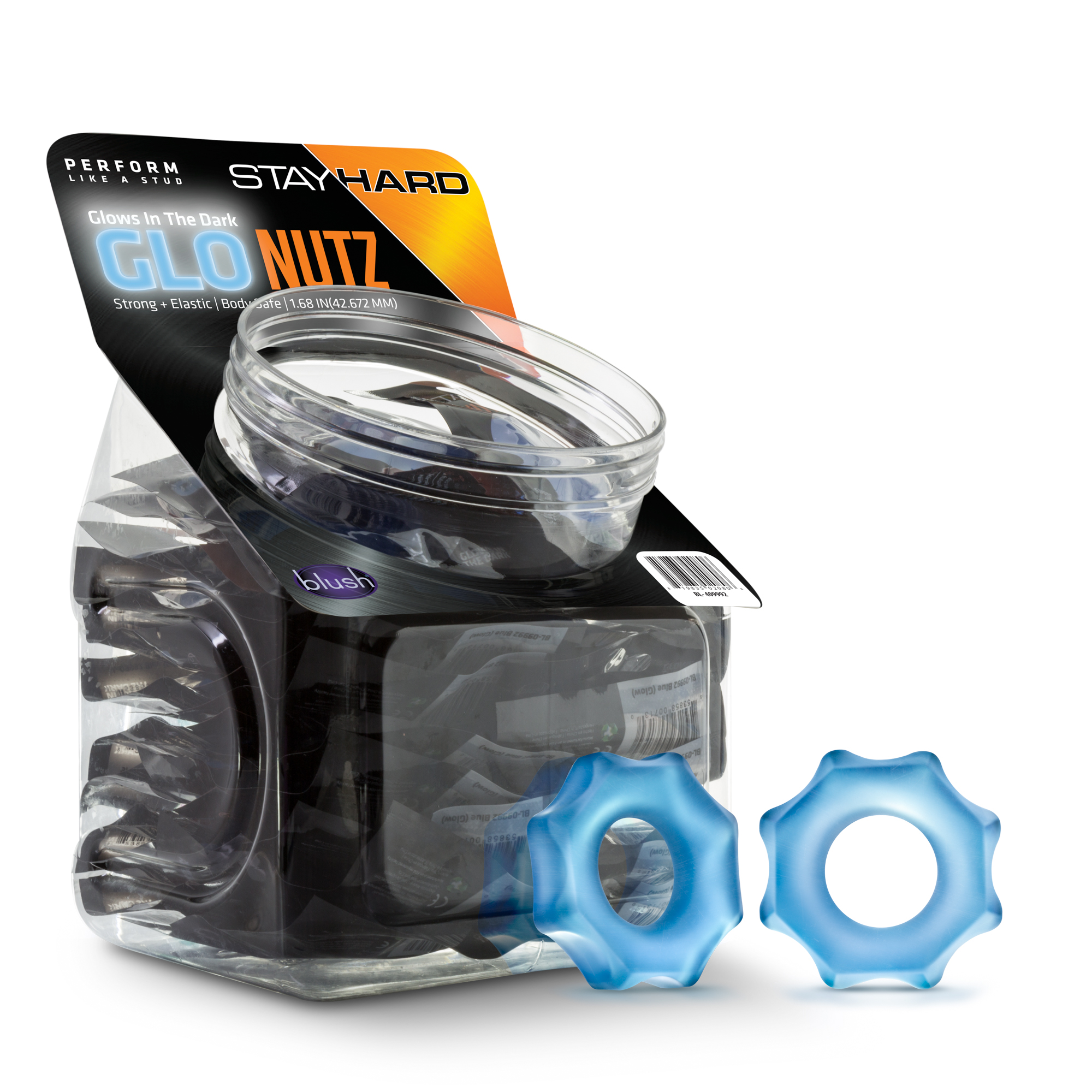 www.blushnovelties.com Stay Hard - Glo Nutz - 40 Piece Fishbowl - Blue - Image 1