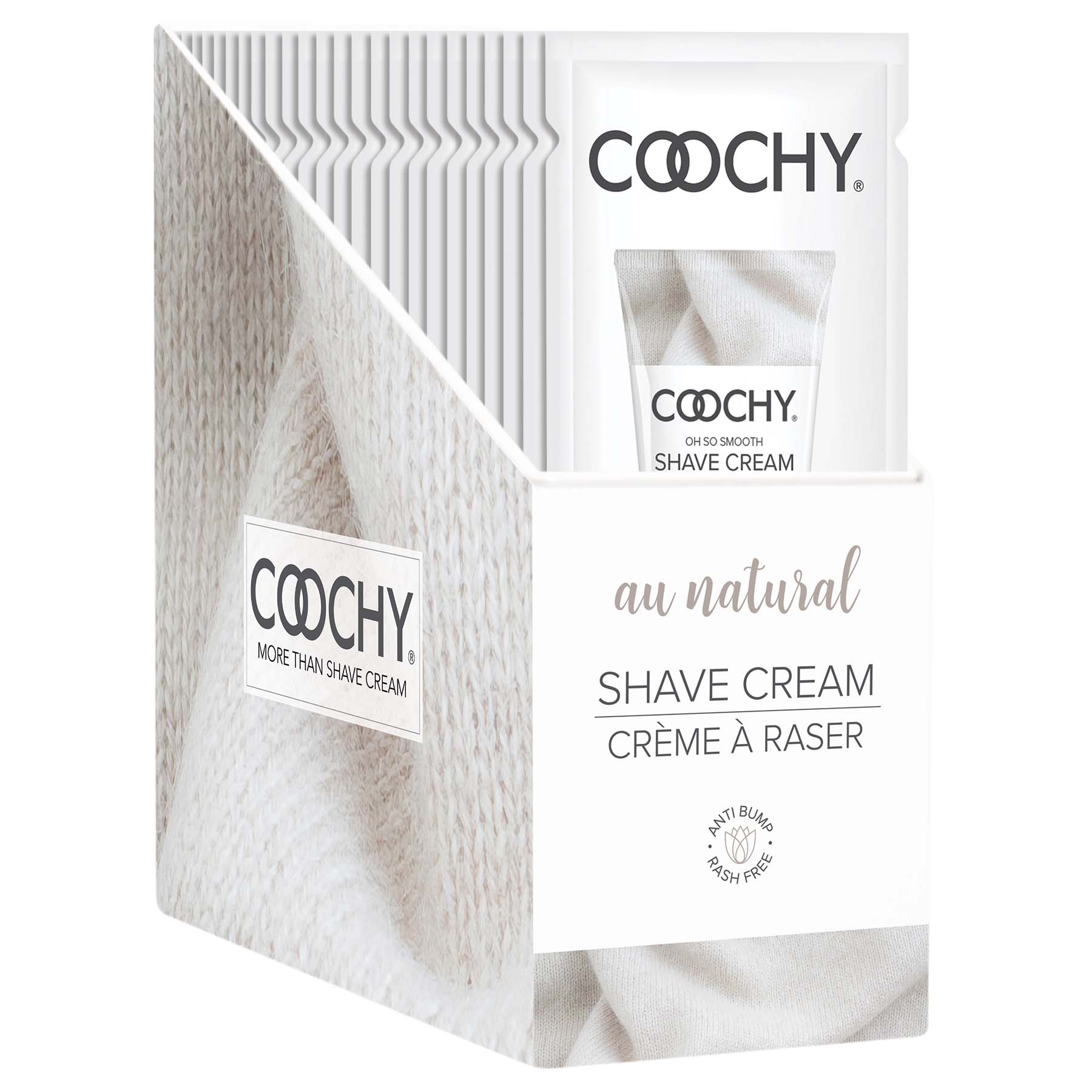 EvrgZrsnJJGlmErczbG5adiCTIHf38yJ Coochy Shave Cream - Au Natural - 15 ml Foils 24 Count Display - Image 1
