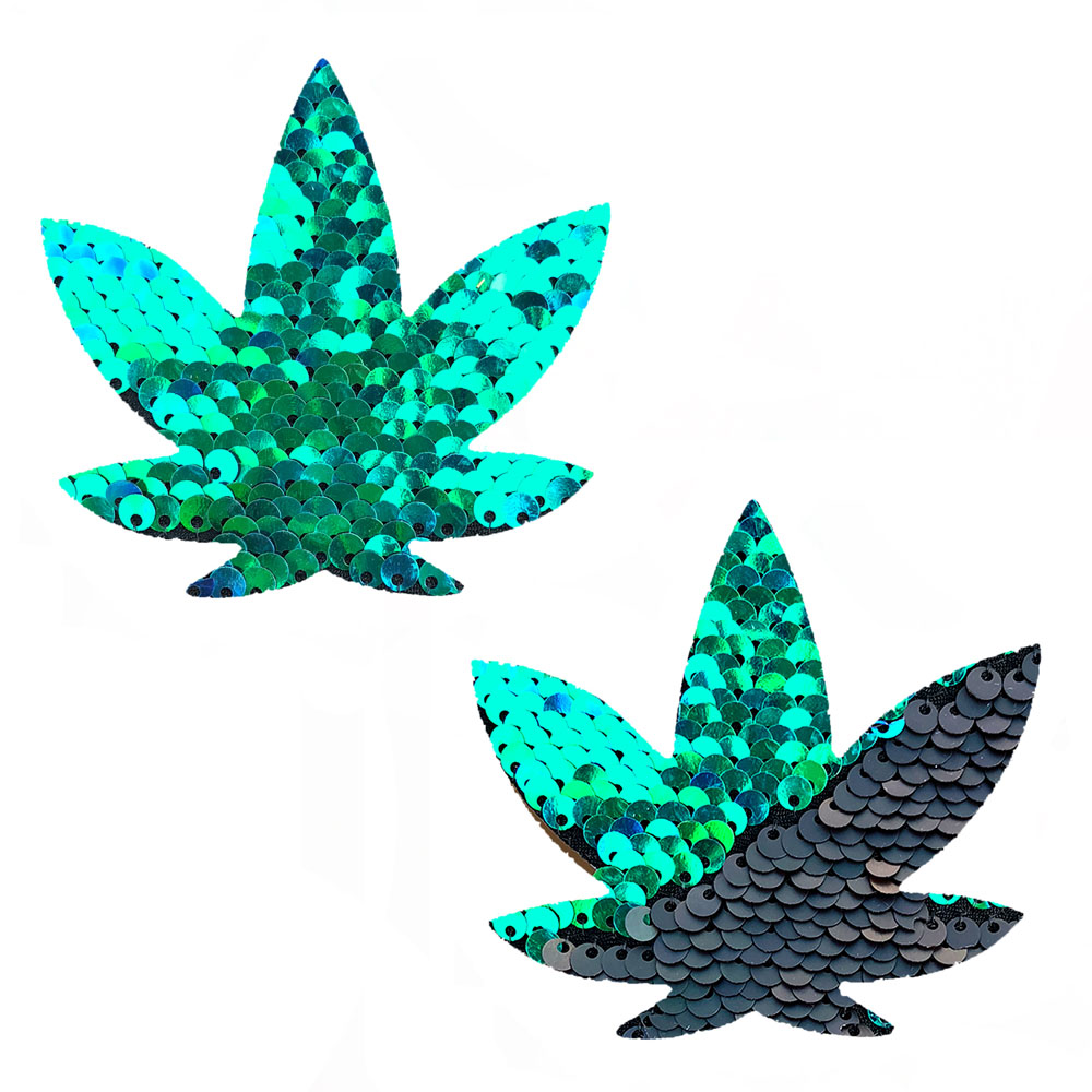 G65ZiHlLmZRnUqApk0V9FGju8bTIXTJb Ariel - Green to Black Flip Sequin Gold Dope Af Weed Leaf Pasties - Image 1